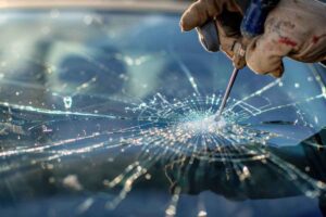 Worker applying resin to a chipped windshield