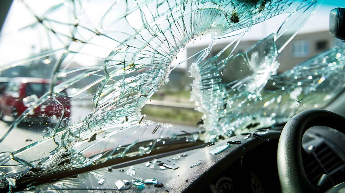 Shattered car windshield from inside, sunlight filtering, high detail, ultra-realistic